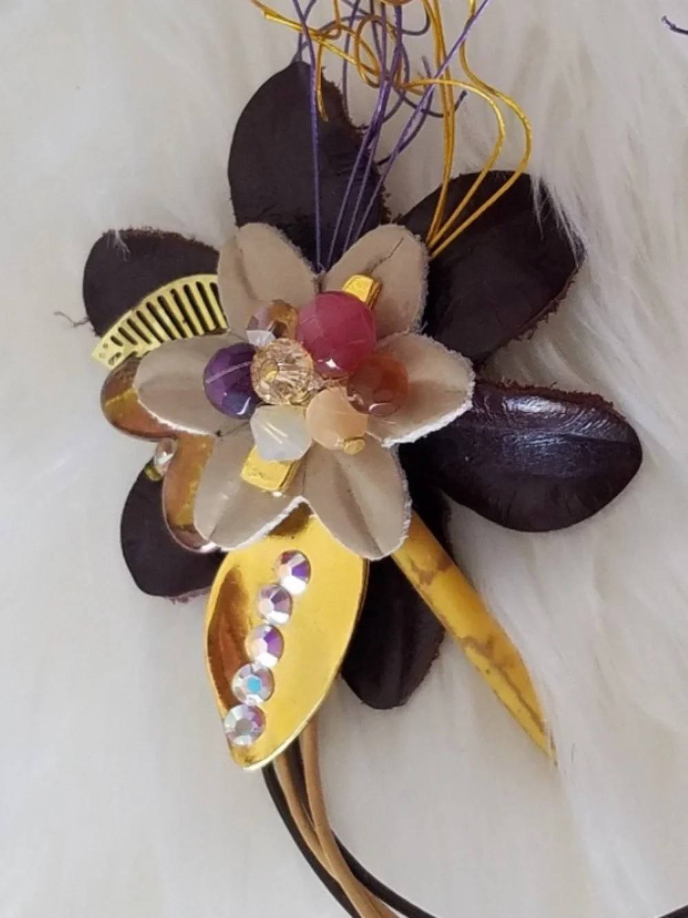 Swarovski Elements Genuine Brown Leather Flower Brooch - Handmade